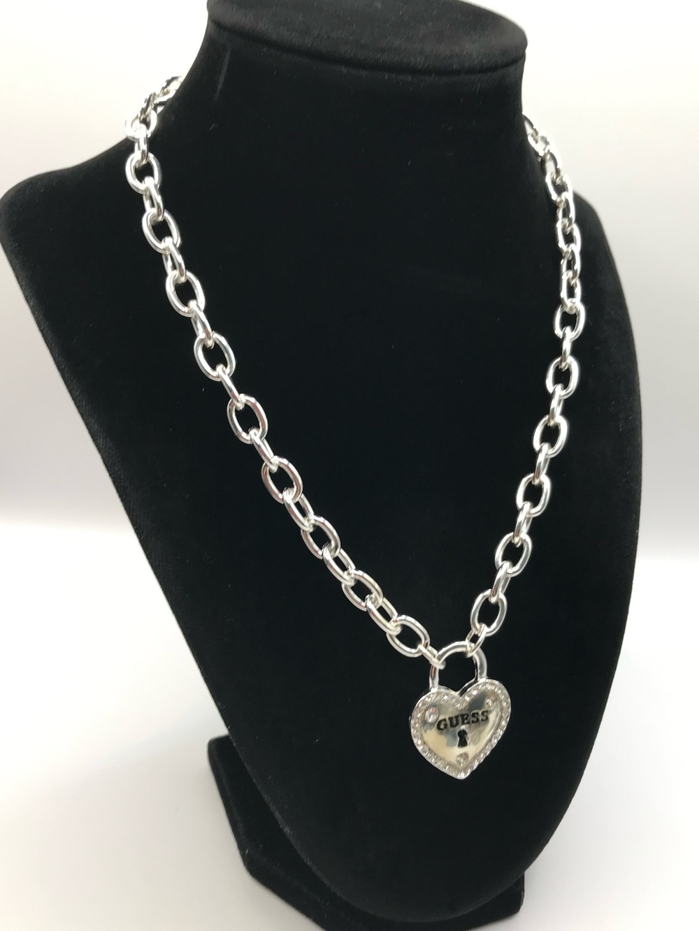 GUESS Silver-Tone Heart Lock Charm Necklace with Rhinestones - Picture 2 of 7
